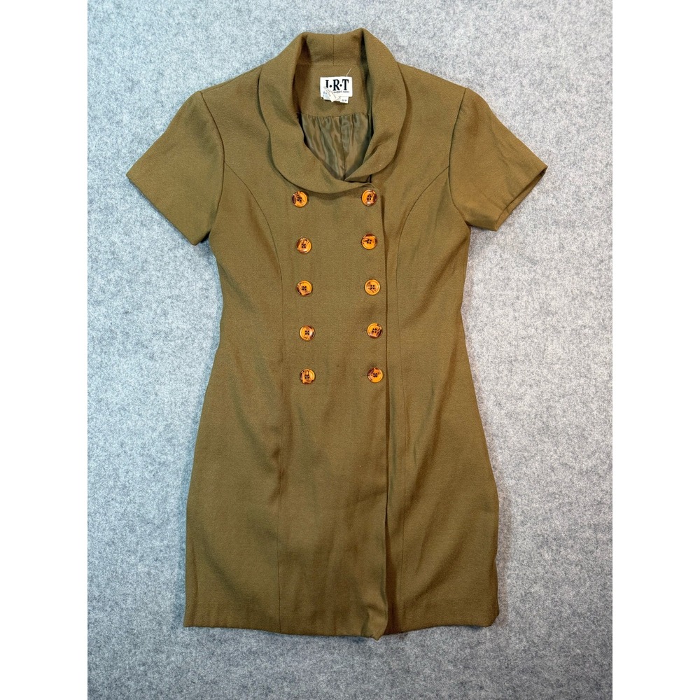 Vintage JRT Newport News Olive Green Double Breasted Mini Dress 4P Short Sleeve